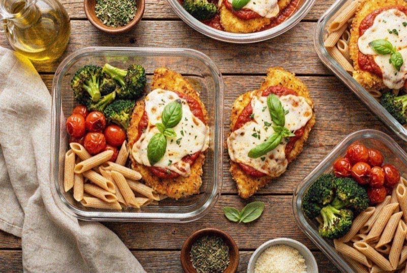 Crispy chicken Parmesan topped with bubbly mozzarella and red marinara sauce on a plate