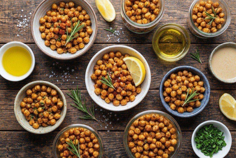 Bowl of golden crispy chickpeas seasoned with paprika and spices
