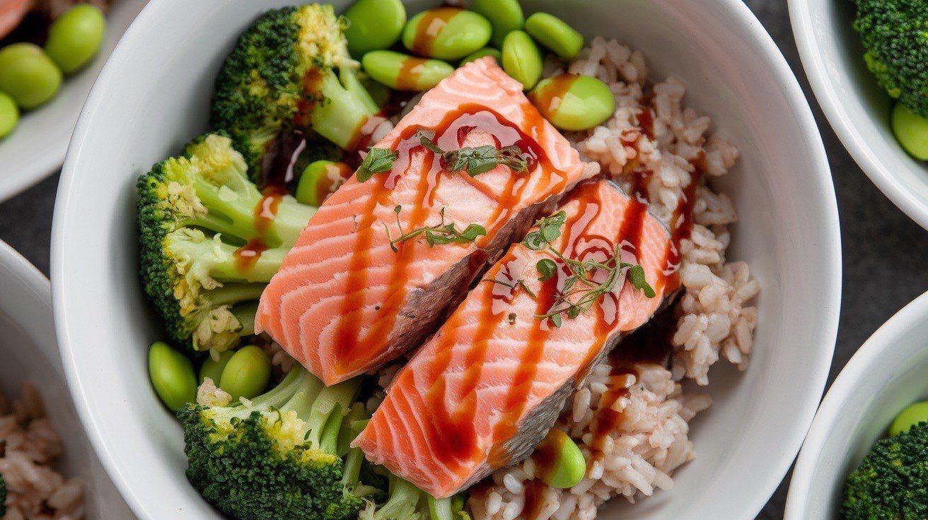 Beautiful salmon protein bowl with flaked pink salmon over brown rice, bright green edamame, cucumber, sliced avocado, and sesame miso dressing
