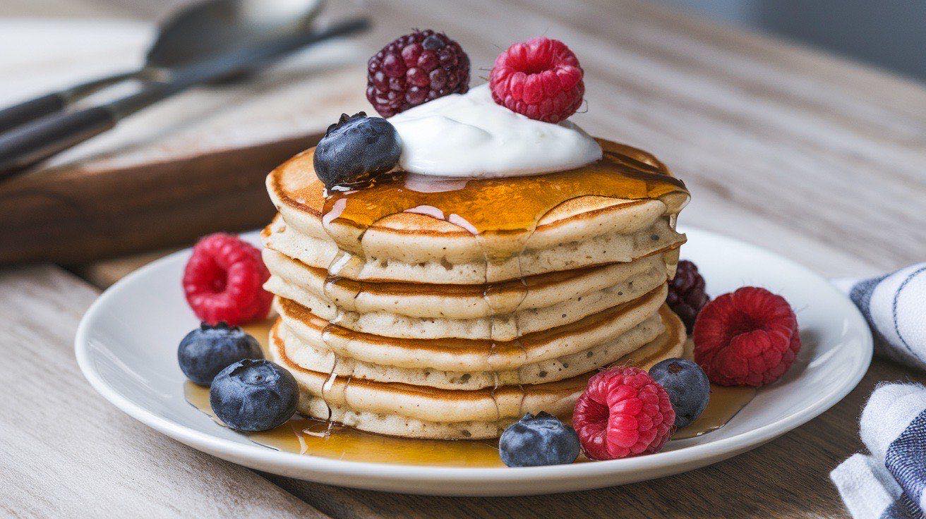 Stack of fluffy golden protein pancakes topped with fresh blueberries, a dollop of Greek yogurt, and a drizzle of maple syrup