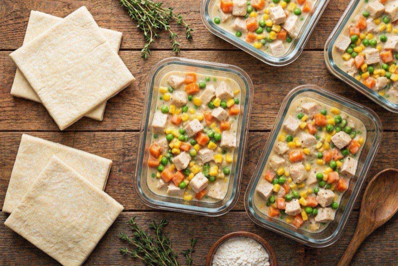 Creamy chicken pot pie filling in a container showing shredded chicken and mixed vegetables