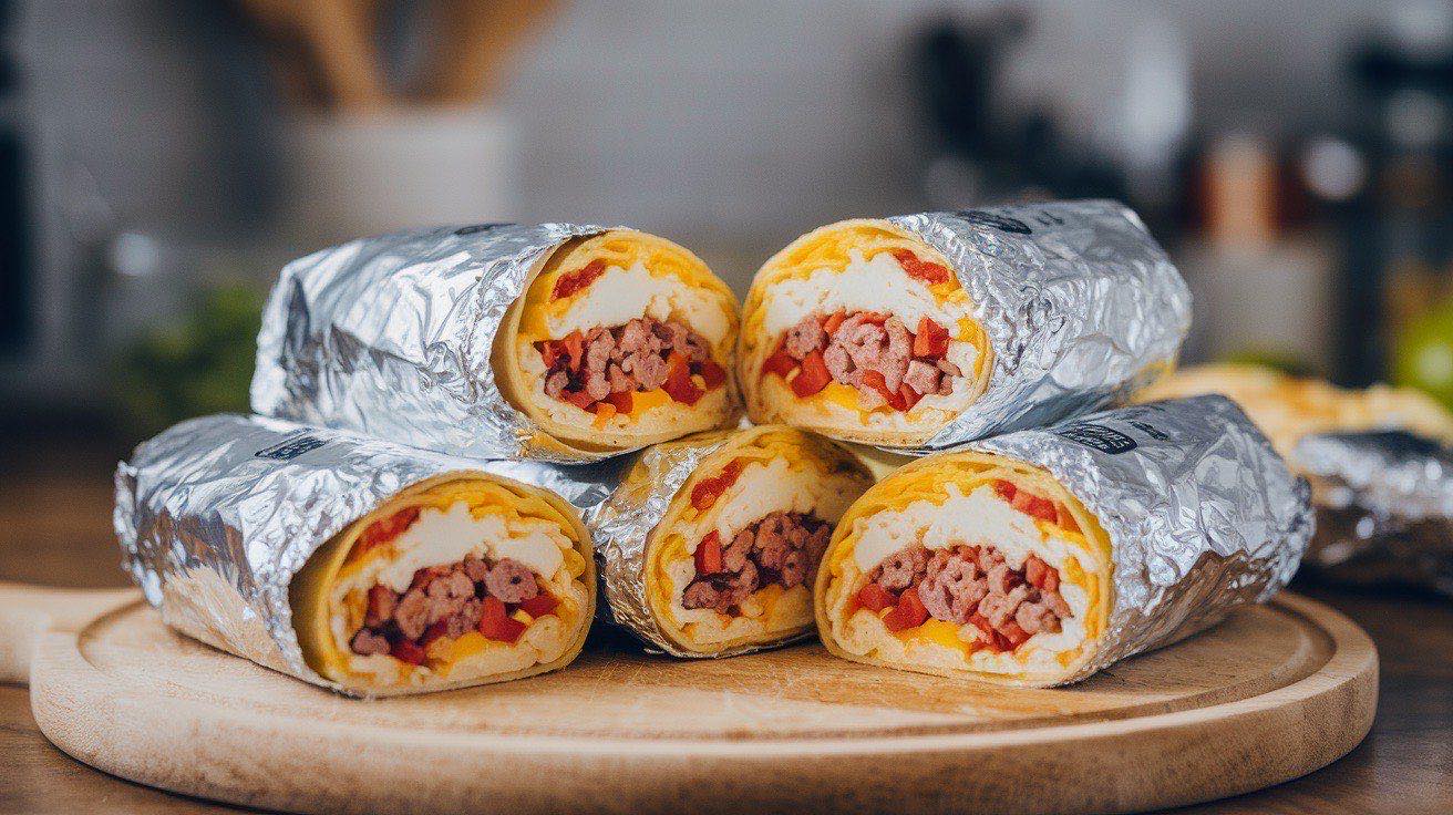 Stack of foil-wrapped breakfast burritos with one cut in half showing scrambled eggs, sausage, melted cheese, and hash browns