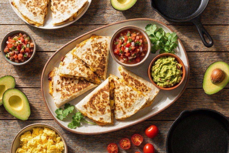 Crispy grilled breakfast quesadillas cut into triangles showing egg and black bean filling