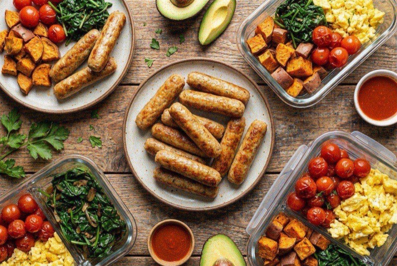 Golden air-fried chicken sausage patties stacked on a plate