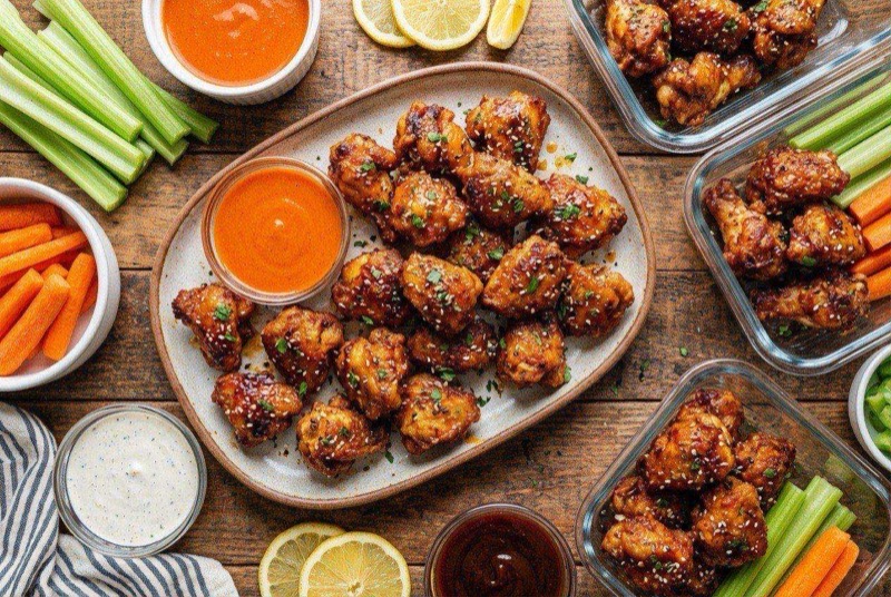 Crispy golden chicken wing bites tossed in hot sauce on a plate with celery sticks
