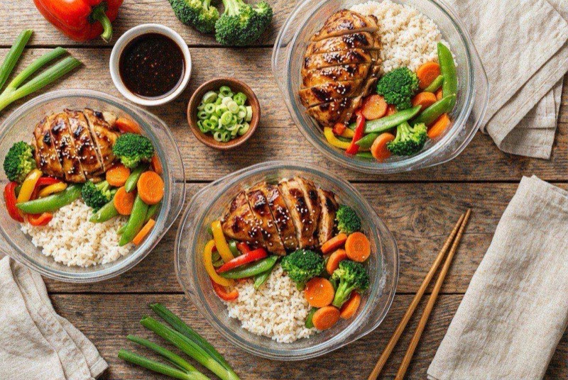 Meal prep containers with teriyaki chicken, brown rice, and steamed broccoli