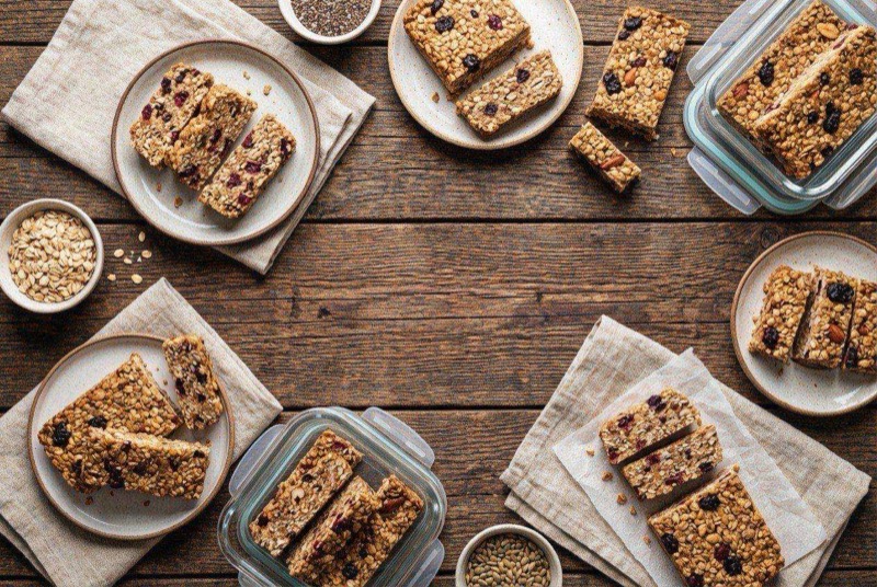 Stack of homemade protein bars with visible oats and chocolate chips, individually wrapped