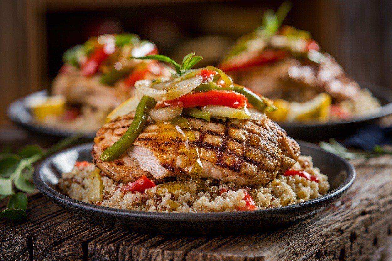 Charred grilled chicken thighs with grill marks sliced on a cutting board