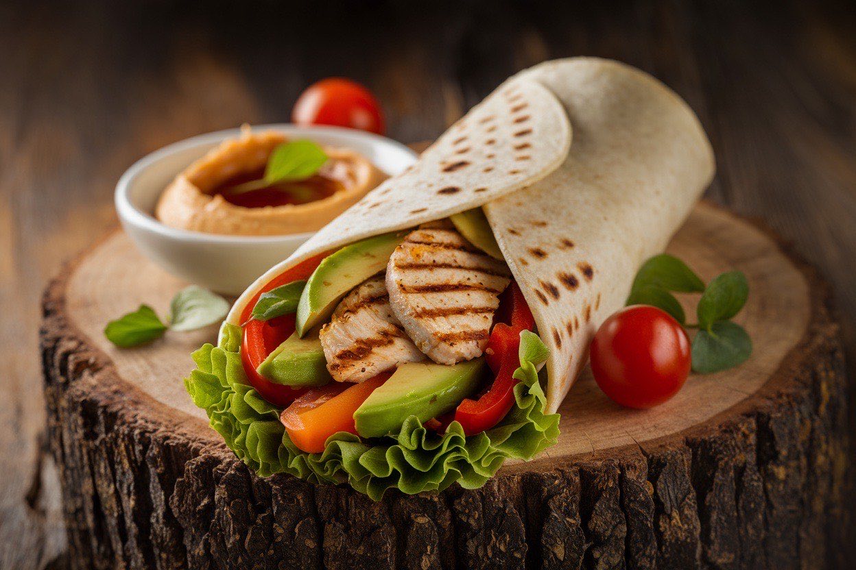 Grilled breakfast wrap cut in half showing sliced chicken, scrambled eggs, and spinach inside