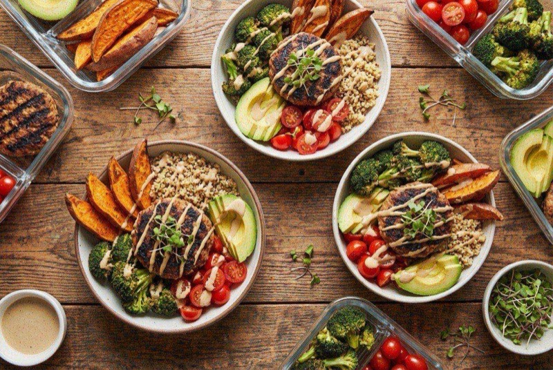 Grilled turkey burger patty sliced on a bed of greens with tomatoes, pickles, and cheese