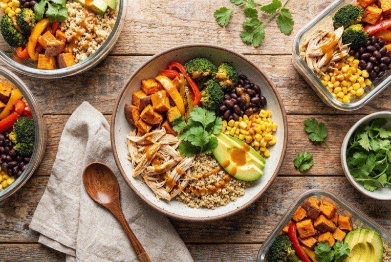 Bowl of chicken pieces over fluffy quinoa topped with cherry tomatoes and cucumber