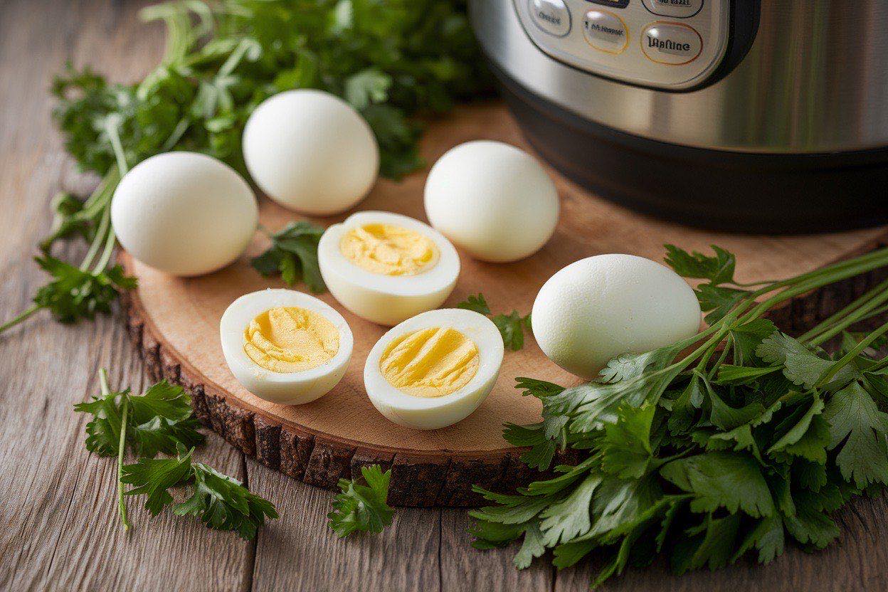 Peeled hard-boiled eggs cut in half showing bright yellow yolks in a bowl