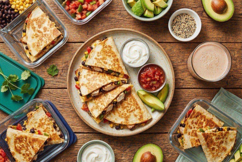 Microwave chicken quesadilla cut into triangles with melted cheese pulling apart