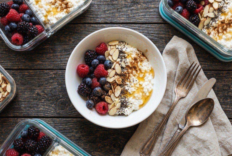 Warm cottage cheese bowl with cinnamon swirl, honey drizzle, and fresh blueberries