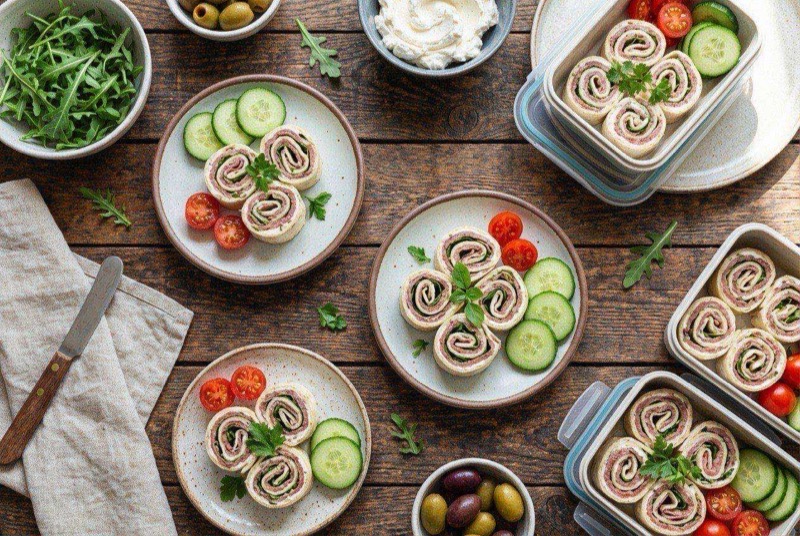 Roast beef roll-ups with cream cheese and pickles visible, secured with toothpicks