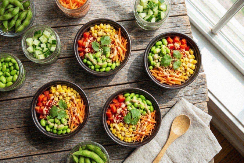 Small cups of bright green edamame beans sprinkled with sesame seeds and sea salt
