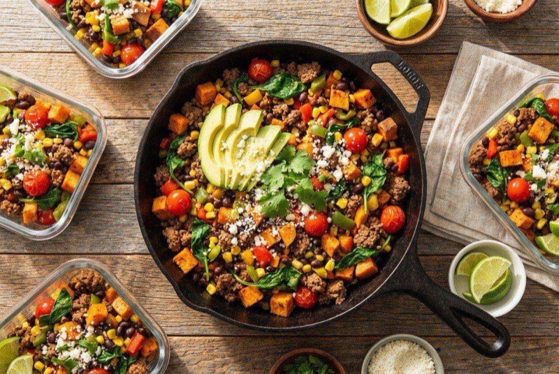Cheesy ground beef and rice skillet with corn and tomatoes topped with melted cheddar