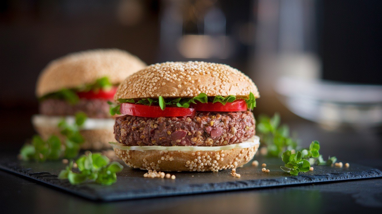 Hearty quinoa black bean burger on a whole wheat bun with avocado, lettuce, and tomato, showing the textured quinoa-studded patty