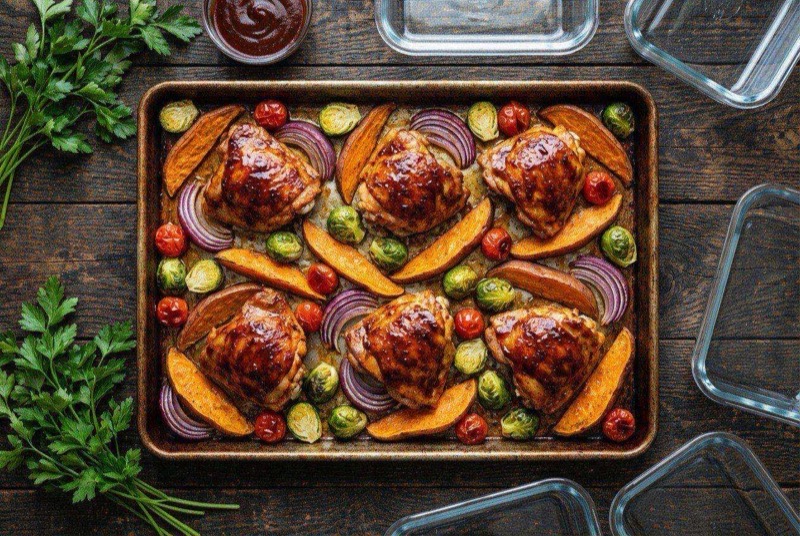 BBQ-glazed chicken breast on a sheet pan with roasted green beans and sweet potatoes