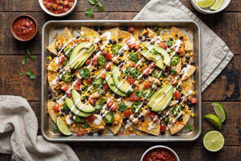 Sheet pan loaded nachos with melted cheese, shredded chicken, and colorful toppings