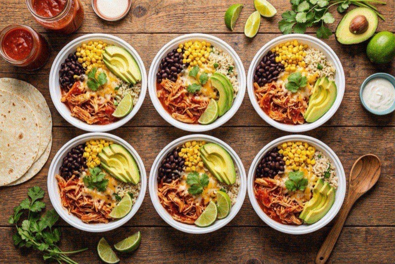Bowl of shredded enchilada chicken over rice with black beans, corn, and melted cheese