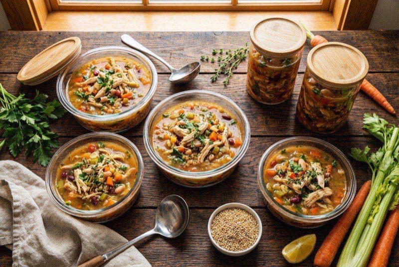 Bowl of chicken soup with shredded chicken, carrots, celery, and egg noodles in golden broth