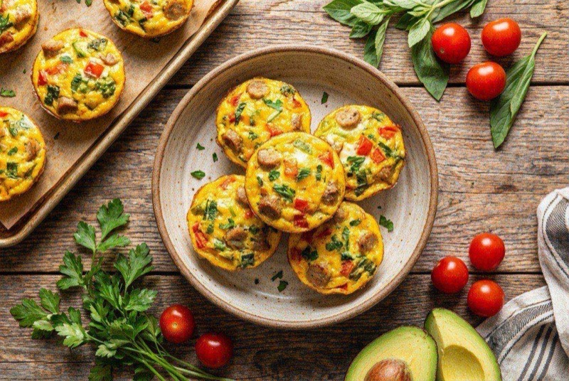 Golden egg cups with visible turkey sausage and melted cheese fresh from the muffin tin
