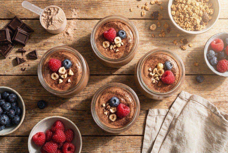 Rich chocolate protein mousse in a small glass topped with whipped cream and fresh raspberries