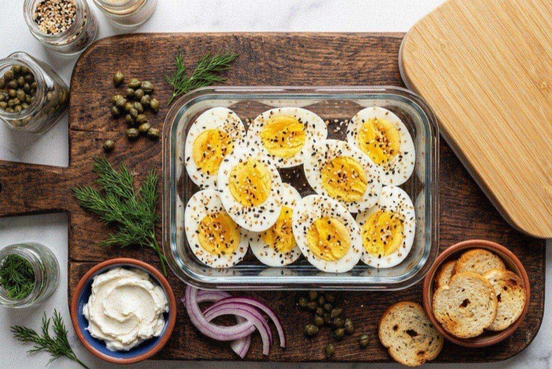 Halved hard-boiled eggs generously coated with everything bagel seasoning on a small plate