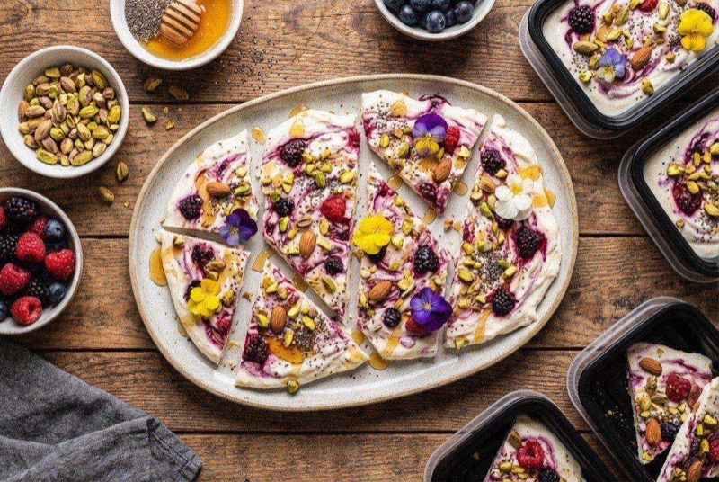 Pieces of frozen yogurt bark with berries, dark chocolate chips, and almonds on parchment paper