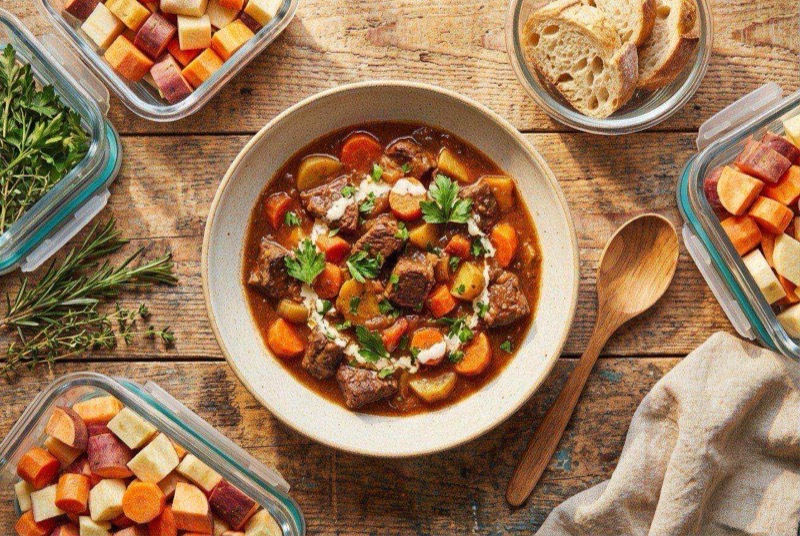 Rich beef stew with tender meat chunks, carrots, and potatoes in a dark brown broth