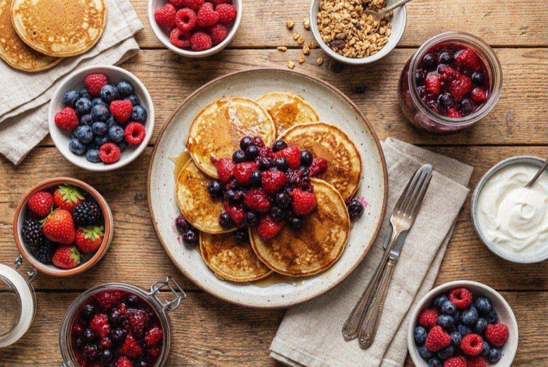 Stack of golden protein pancakes topped with warm mixed berry compote on a white plate