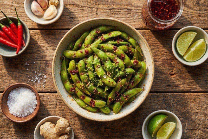 Bright green edamame pods sprinkled with sea salt, sesame seeds, and red pepper flakes in a white bowl
