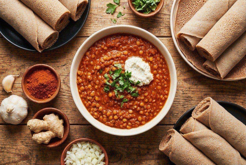 Rich red-orange Ethiopian misir wot lentil stew in a bowl served alongside injera bread