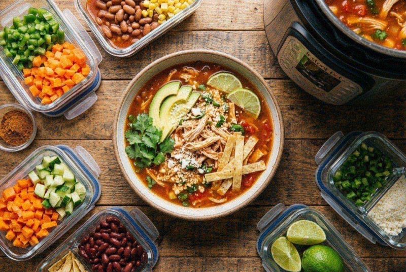 Bowl of chicken tortilla soup topped with crispy tortilla strips, avocado, and cilantro