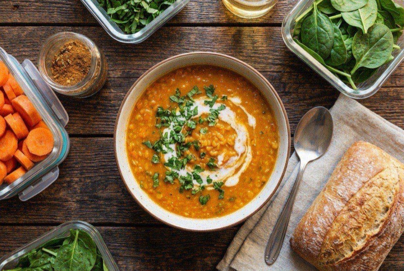 Bowl of creamy orange-red lentil soup garnished with a swirl of olive oil and fresh herbs