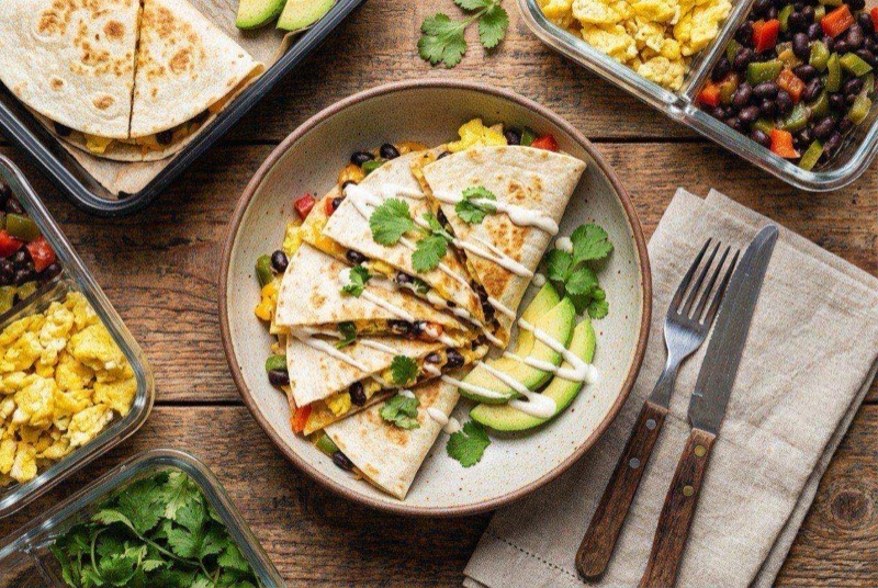 Folded breakfast quesadilla on a plate showing melted cheese and scrambled eggs inside