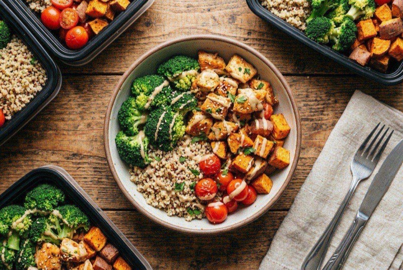 Bowl of chicken and broccoli over rice with a glistening sesame soy sauce