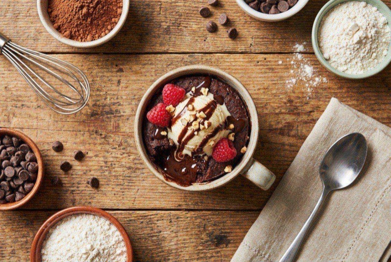 Gooey chocolate mug brownie in a ceramic mug with a spoon showing the fudgy center