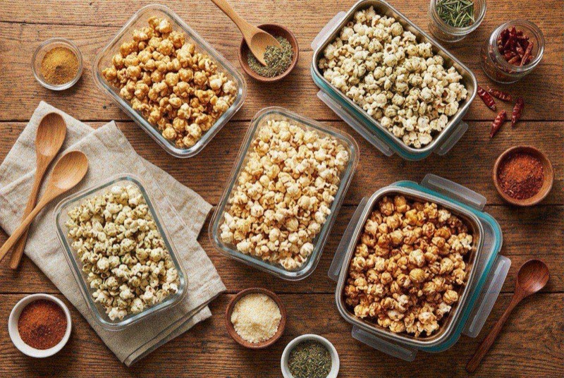 Fluffy white popcorn spilling out of a brown paper bag with seasoning visible