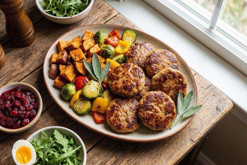Golden brown turkey sausage patties arranged on a white plate with fresh sage leaves as garnish