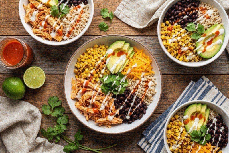 Meal prep bowl of shredded orange buffalo chicken over white rice with diced celery, green onions, and a side of ranch dressing