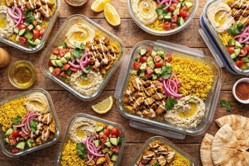 Meal prep bowl with sliced shawarma chicken over basmati rice, fresh cucumber-tomato salad, and a white garlic yogurt sauce