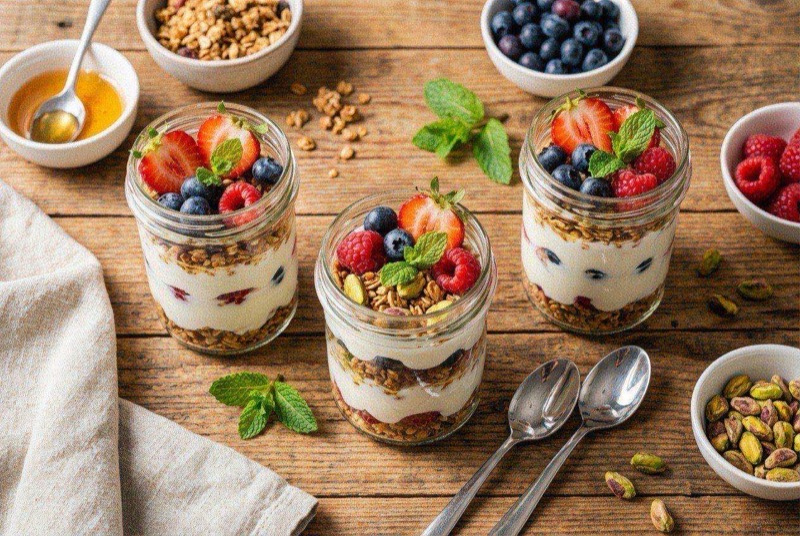 Five mason jars filled with layered Greek yogurt and colorful mixed berries arranged on a kitchen counter