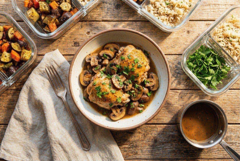 Instant Pot chicken Marsala with golden chicken breasts in a rich brown mushroom sauce with fresh parsley garnish