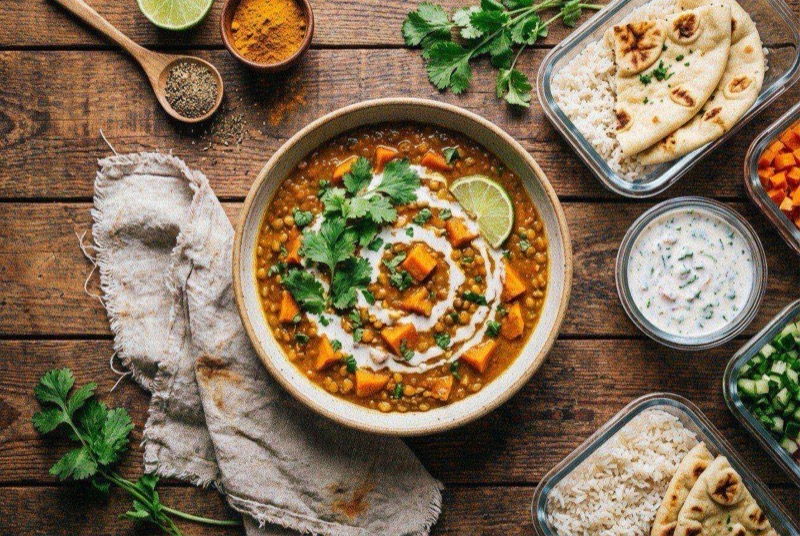 Bowl of creamy golden lentil and sweet potato curry with visible sweet potato cubes in a rich coconut-tomato sauce