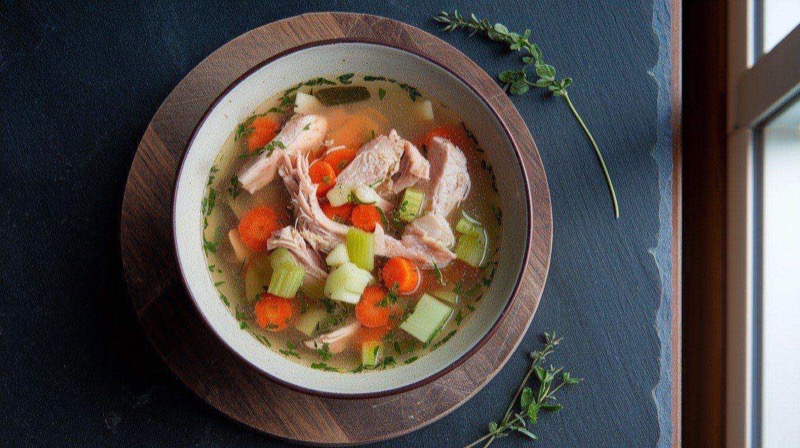 Bowl of clear golden chicken vegetable soup with carrots, celery, small pasta, and fresh parsley garnish