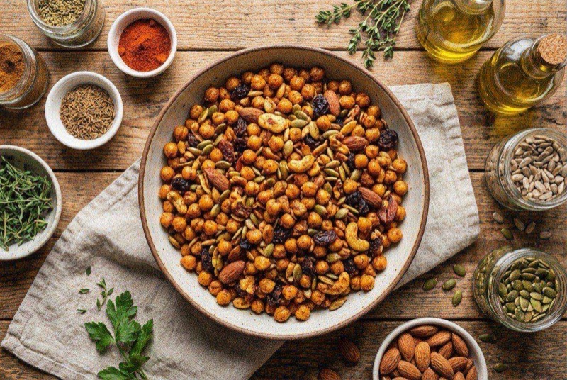 Bowl of golden crunchy roasted chickpeas mixed with almonds and green pumpkin seeds with a dusting of reddish paprika spice