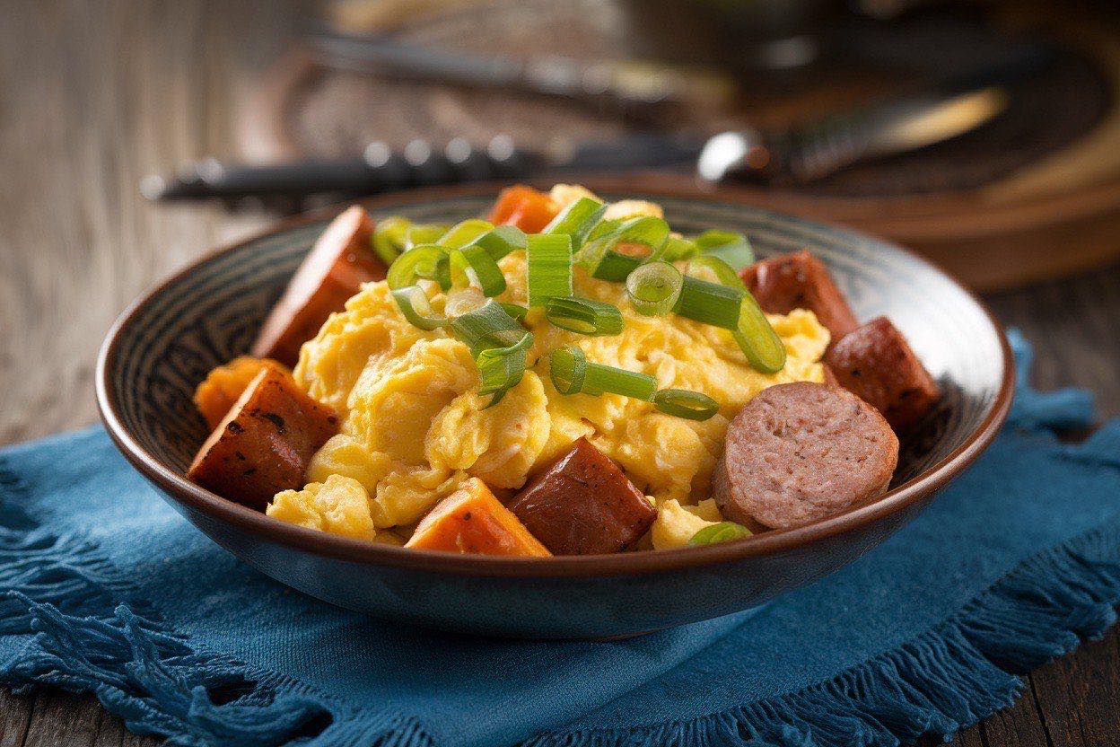 Meal prep container with crumbled turkey sausage, roasted sweet potato cubes, wilted spinach, and a scrambled egg on top