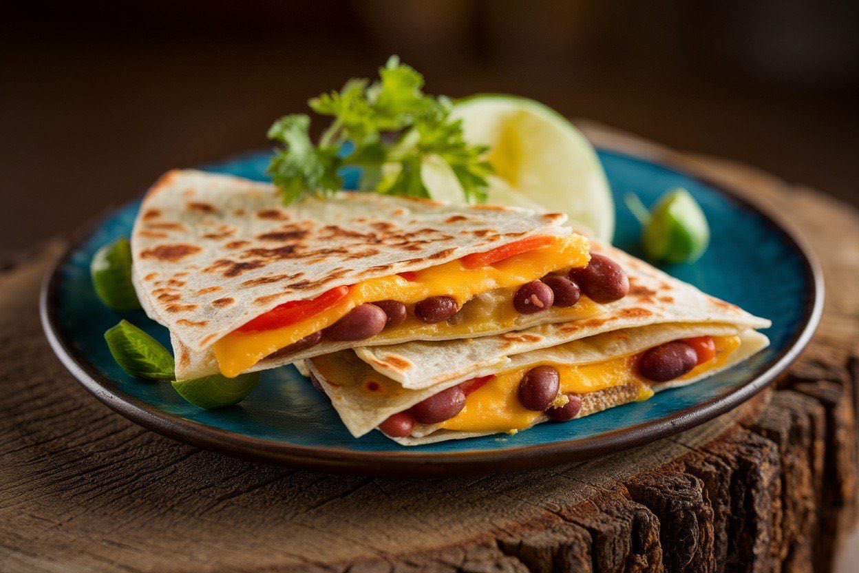 Golden crispy bean and cheese quesadilla cut into triangles on a plate with a small bowl of salsa